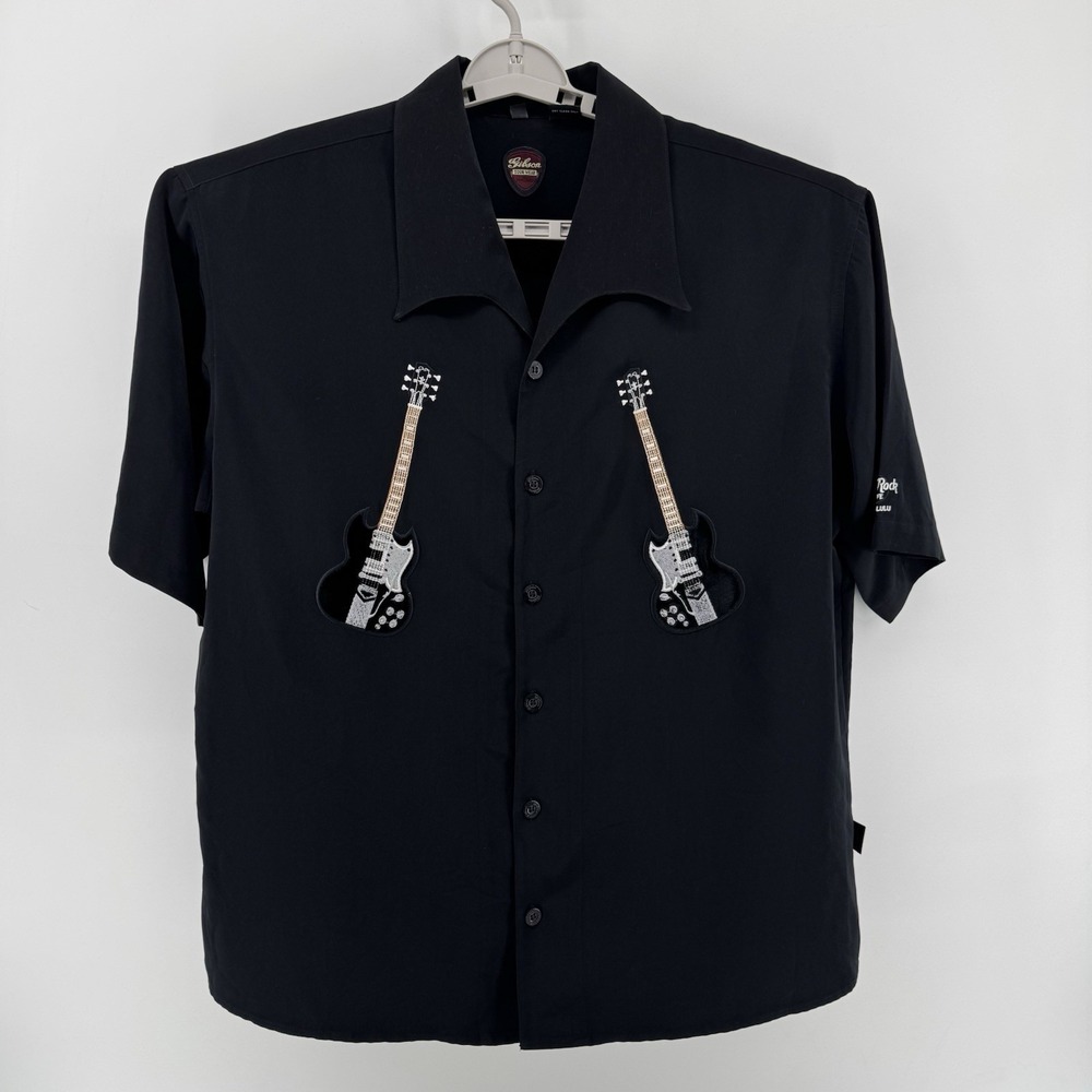 Gibson Tour Wear Men's XL  SS Button Shirt Black Embroidered Guitars HARD Rock